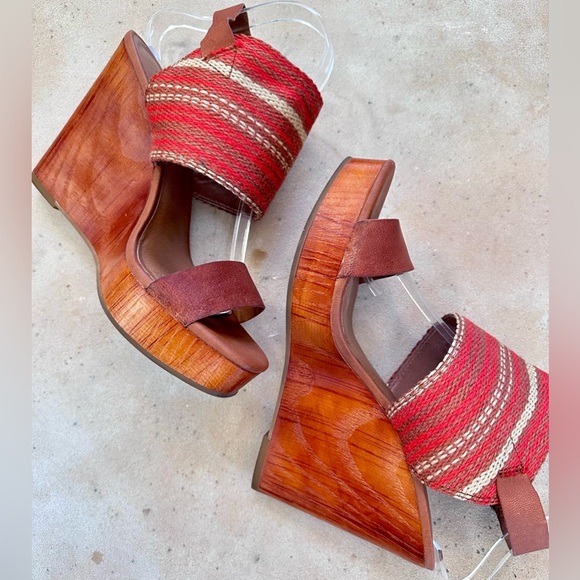 Lucky Brand Lapaloma Boho Leather & Wood Wedge Woven Strap 4.5” Heels - Sz 10 - Picture 6 of 12